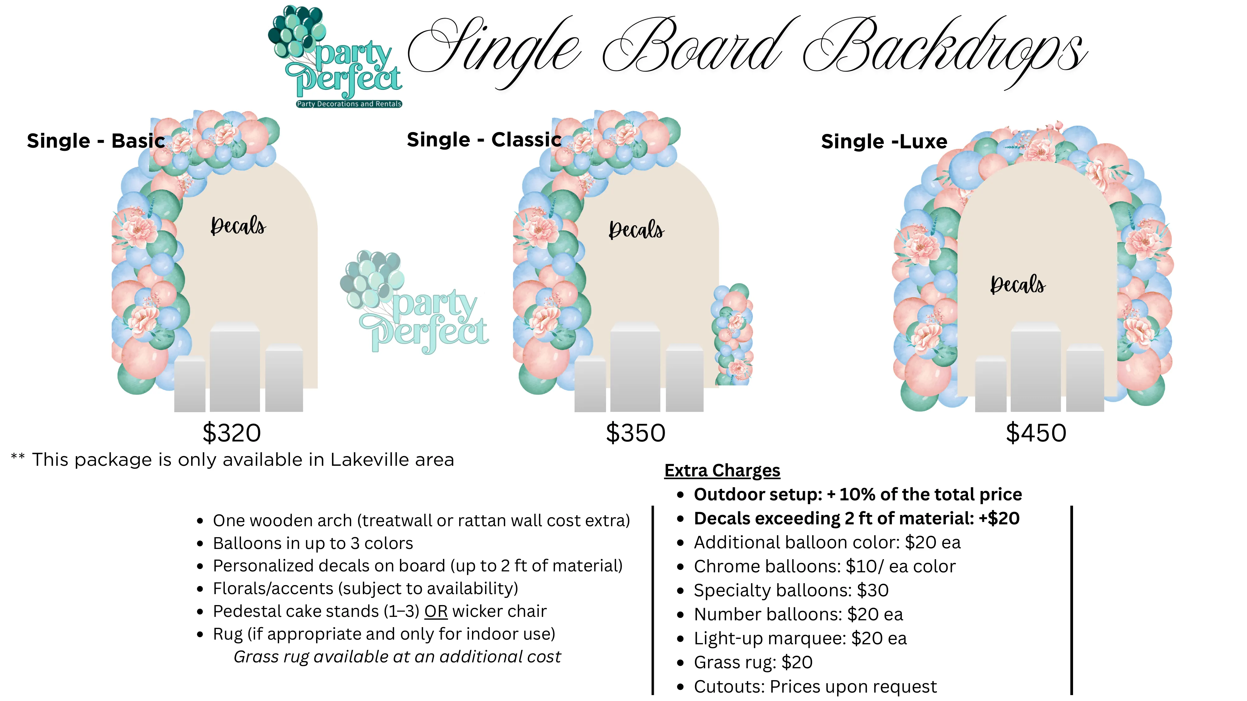 Single Board Backdrops pricing — Single Basic $320, Single Classic $350, Single Luxe $450