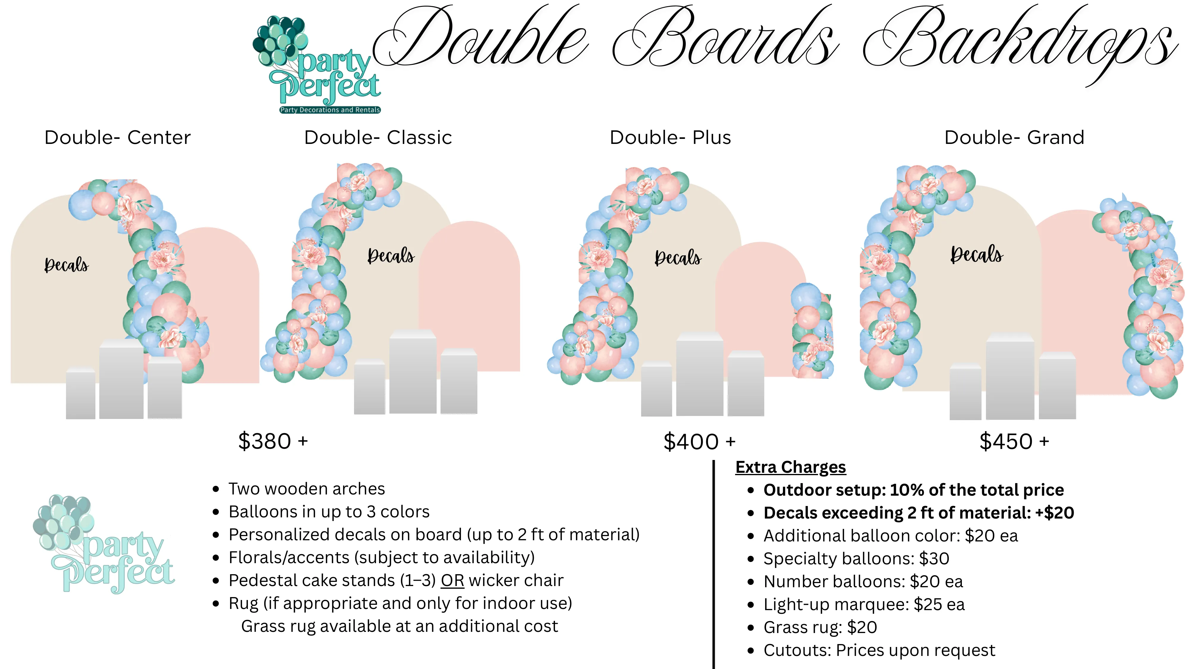 Double Boards Backdrops pricing — Double Center $380+, Double Classic, Double Plus $400+, Double Grand $450+
