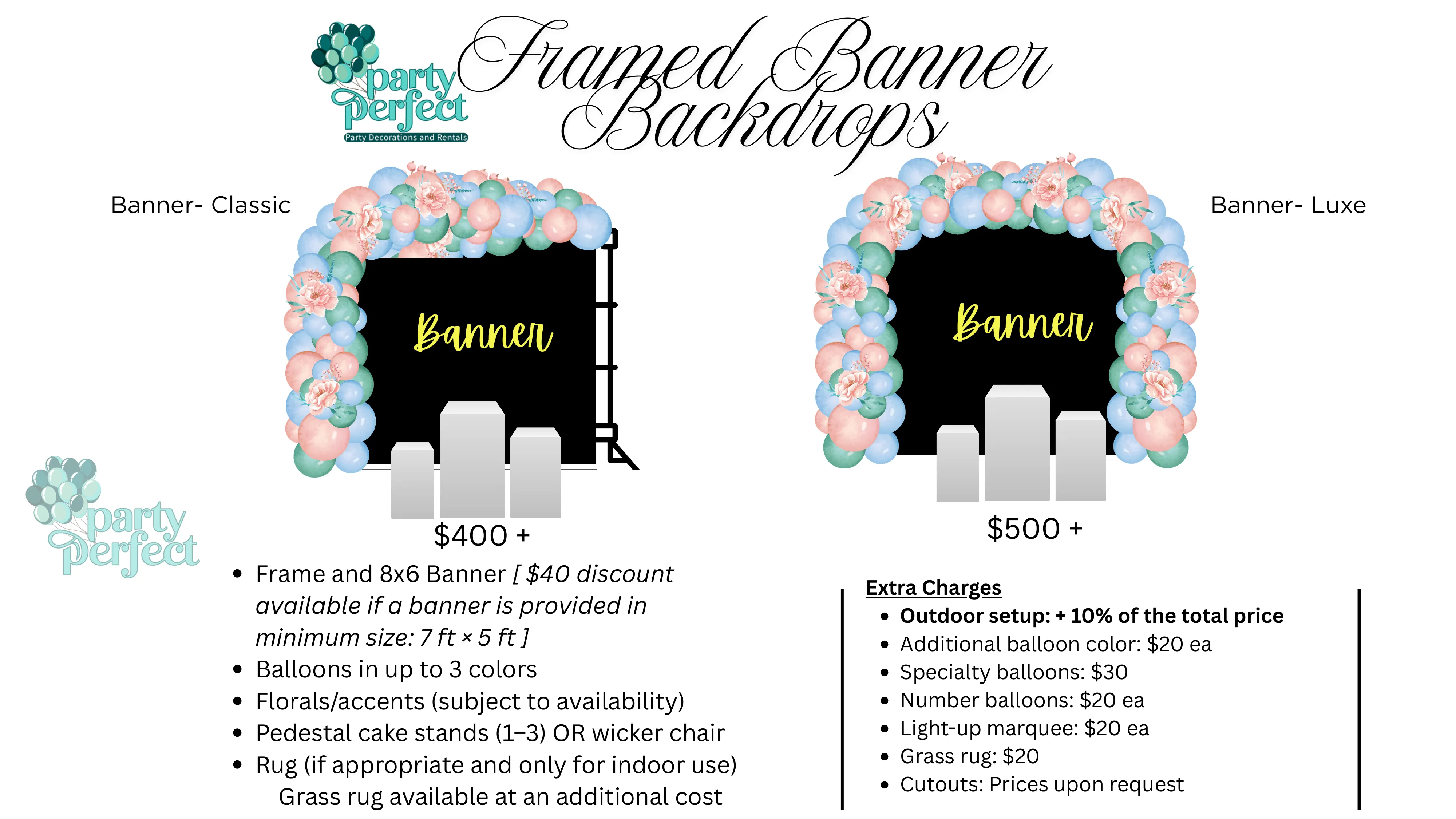 Framed Banner Backdrops pricing — Banner Classic $400+, Banner Luxe $500+